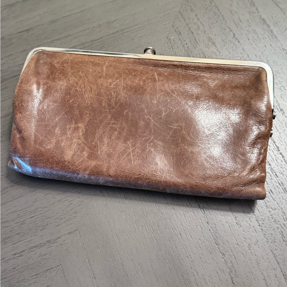 Hobo Brown Leather Clutch with Floral Lining